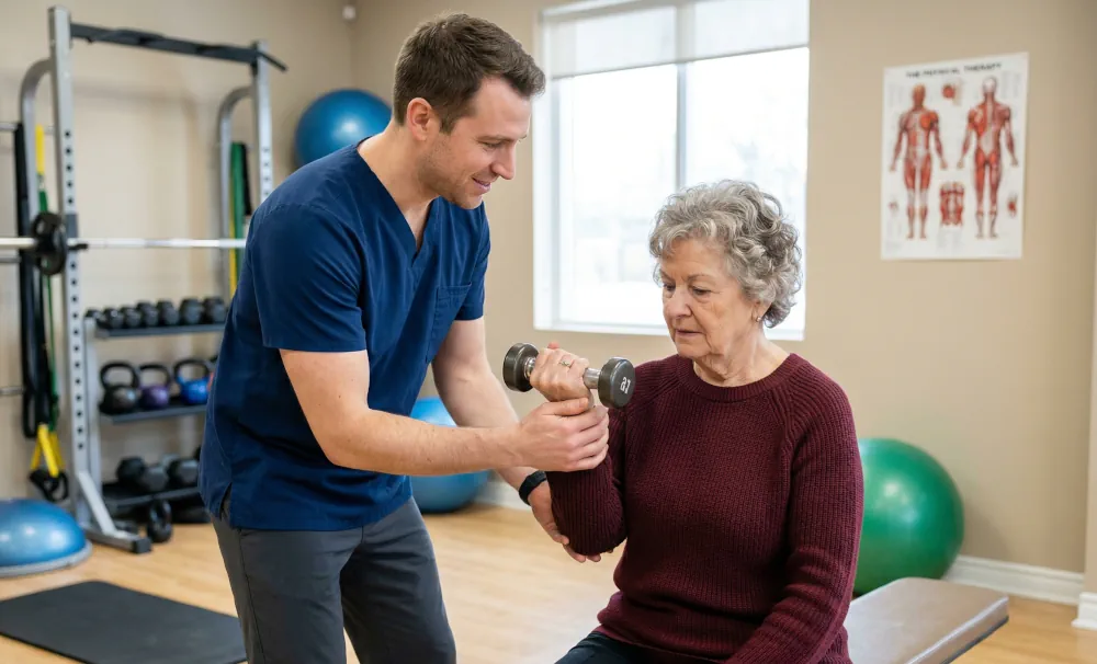 physiotherapist helping senior to recover